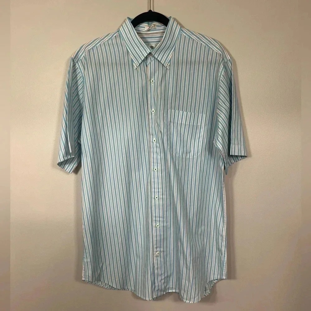 Peter Millar Mens Blue Orange Striped Short Sleeve Button Down Shirt Large
